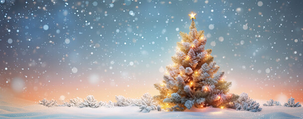 árbol de navidad sobre nieve decorado con bolas y estrella con fondo nevado con bokeh desenfocado - obrazy, fototapety, plakaty