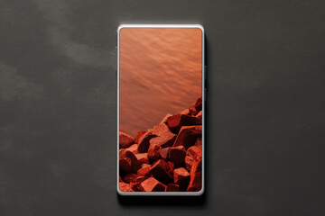 smartphone displaying a vibrant lava texture, blending seamlessly with a dark, textured background