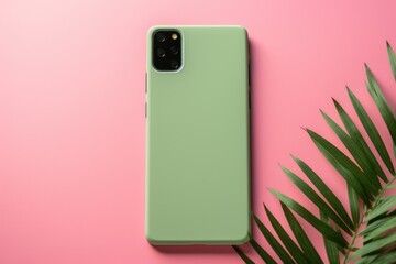soft green silicone phone case on a smartphone, styled with a green plant leaf against a plain pink background