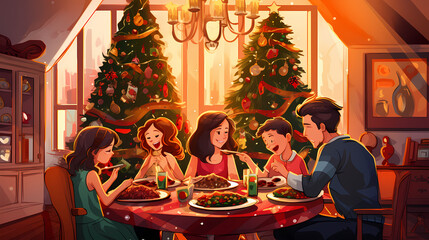 Happy family celebrate christmas gathering together at decorated table for holiday dinner