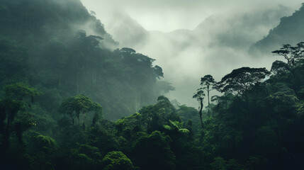 Minimalistic natural landscape of foggy rainforests