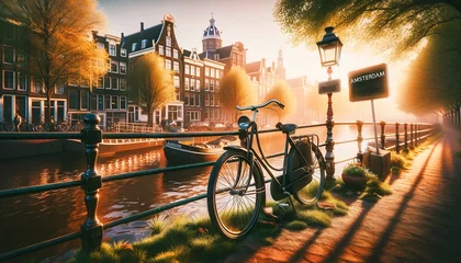 Fototapeten Old vintage bicycle leaning on fence by canal at Amsterdam city, wallpaper, background, travel concept © Karlo