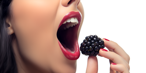Woman smiling mouth with Blackberry fruit, created by generative AI technology