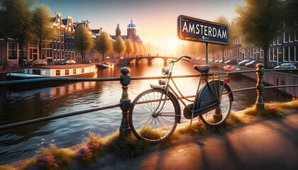 Old vintage bicycle leaning on fence by canal at Amsterdam city, wallpaper, background, travel concept - obrazy, fototapety, plakaty