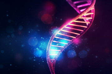 dna chain illustration in blue and pink tones on dark background