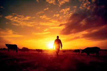 sunset with the silhouette of a man herding cows in the field - obrazy, fototapety, plakaty