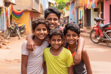 portrait of four indian children smiling holding each other in the middle of a street in india