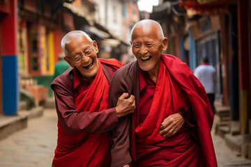 two elderly Tibetan monks in red robes on the street holding each other laughing