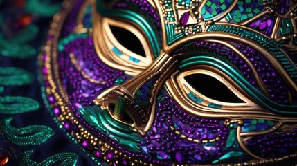 Mardi Gras Venetian masks in golden purple green colors background. Festive colorful Carnival Mardi Gras masquerade mask design for banner, greeting card, prints, poster, party invitation, flyer..