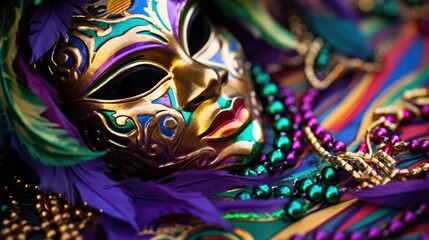 Fototapeta na wymiar Mardi Gras Venetian masks in golden purple green colors background. Festive colorful Carnival Mardi Gras masquerade mask design for banner, greeting card, prints, poster, party invitation, flyer..