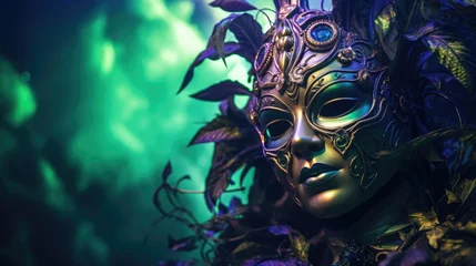 Rolgordijnen Mardi Gras Venetian masks in golden purple green colors background. Festive colorful Carnival Mardi Gras masquerade mask design for banner, greeting card, prints, poster, party invitation, flyer.. © Oksana Smyshliaeva