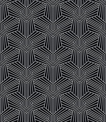 Geometric composition with concentric black hexagons outlined with white dotted lines. Abstract background. Modern and elegant striped texture. Seamless repeating pattern. Vector illustration.