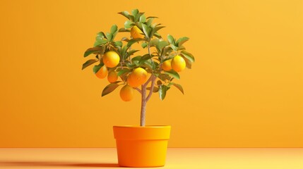 Pot small orange color fruit trees plant yellow background wallpaper image AI generated art