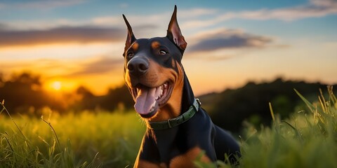 perro labrador de orejas largas con collar sonriendo y viendo a la camara en un prado verde al aire libre y un hermoso atardecer, copyspace - obrazy, fototapety, plakaty