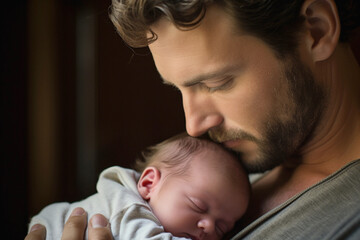 a young dad gently holds his little child in his arms, expressing fatherly love