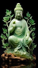 A green jade statue sitting on the wooden throne