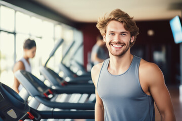 Fototapeta na wymiar Portrait of young smiling muscular man in gym. Healthy lifestyle. sport concept