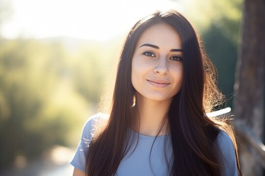 Backlit image of a Smiling charming young brunette posing at a beautiful park looking at the camera