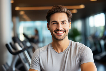 Portrait of young smiling muscular man in gym. Healthy lifestyle. sport concept