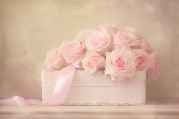 Obraz na płótnie Canvas A box of pink roses gift