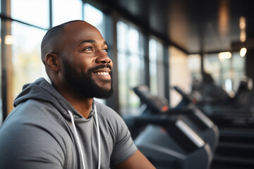 Portrait of young African smiling muscular man in gym. Healthy lifestyle. sport concept