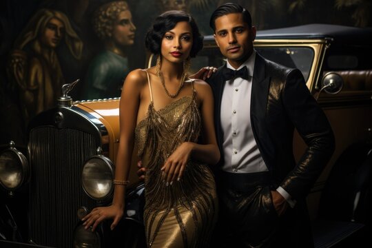 Beautiful flappers dressed in style of Roaring twenties . Vintage, retro party, fashion, girls friends, 1920s 1930s style gentlemen in a luxury, Flapper Chicago gangsters, nightlife elegance.