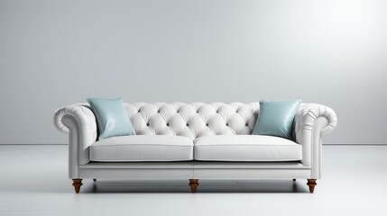 a white couch with blue pillows