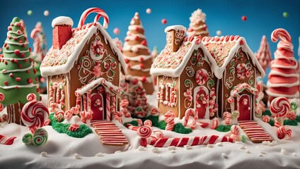 A whimsical scene of gingerbread houses with candy cane fences and gumdrop decorations. Generative AI