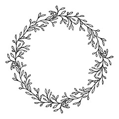Floral simple leaves wreath Hand drawn line wedding herb circle frame with leaves for invitation save the date card. Botanical rustic vector illustration, trendy greenery - obrazy, fototapety, plakaty