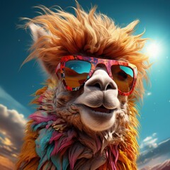 lama portrait with sunglasses, Funny animals in a group together looking at the camera, wearing clothes, having fun together, taking a selfie, An unusual moment full of fun and fashion consciousness. - obrazy, fototapety, plakaty