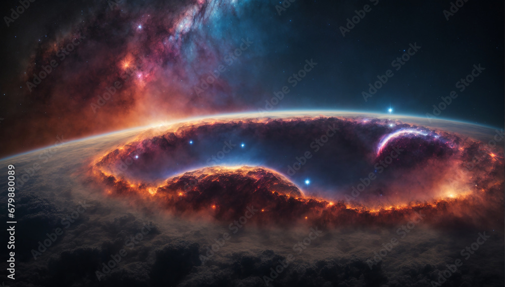 Poster panoramic view of a distant supernova remnant, expanding into the surrounding space - ai generative