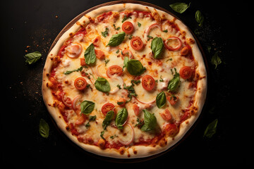 Pizza with mozzarella cheese and tomato sauce on black background