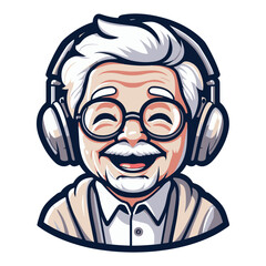 A cheerful grandfather listens to music in headphones, a vector pattern on a transparent background.