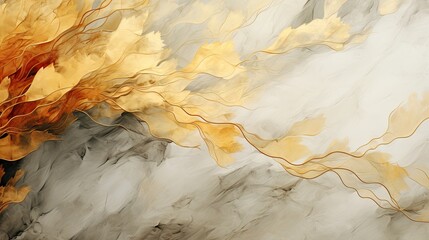AI-generated abstract, impressionist illustration of autumn leaves strewn across a marble background. MidJourney.