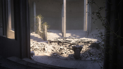 Old ruined fantasy alien building with broken machinery surrounded by rubble. 3D rendering..
