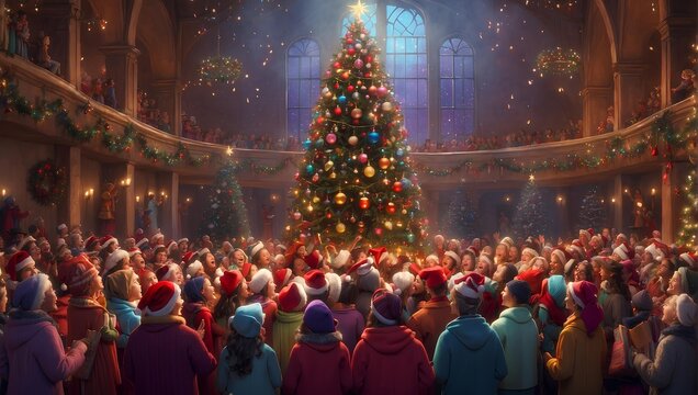A joyful choir singing carols around a towering Christmas tree adorned with colorful ornaments. Generative AI