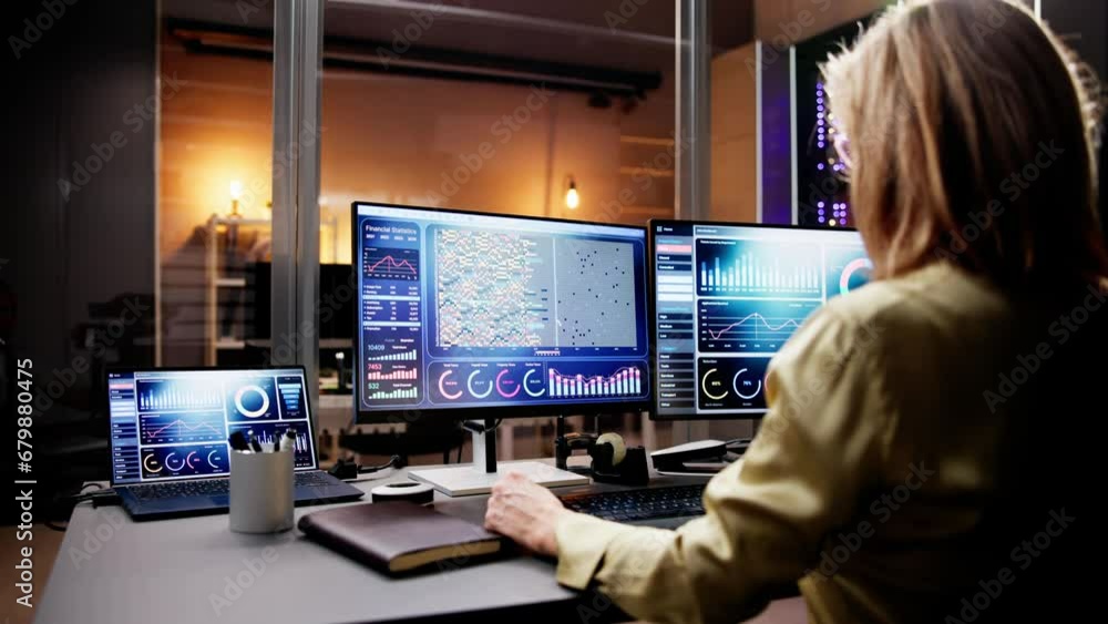 Aufkleber looking at computer screen, analyst analyzing data