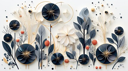 AI-generated illustration of a winter floral paper sculpture in blue and white. MidJourney. - obrazy, fototapety, plakaty