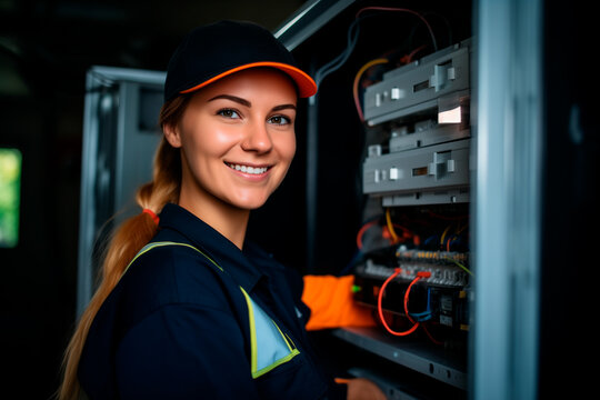 A smiling female electrician in overalls stands near an electrical cabinet, demonstrating professionalism and experience in her field.