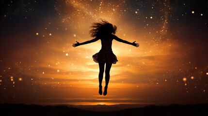Silhouette of a young woman jumping against milky way background