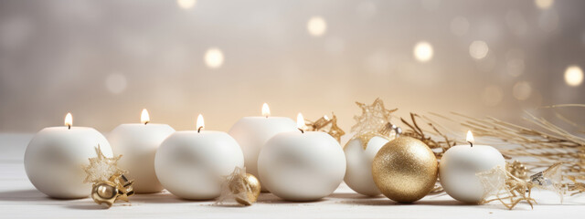 White baubles with gold decorations. Christmas decorations. Christmas balls.