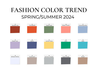Fashion Color Trend Spring - Summer 2024. Trendy colors palette guide. Fabric swatches with color names. Easy to edit vector template for your creative designs.