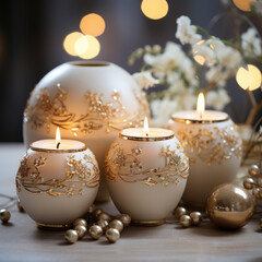 White baubles with gold decorations. Christmas decorations. Christmas balls.