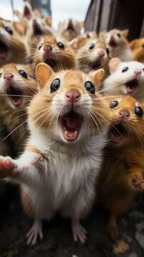 A group of hamsters taking selfies,close up