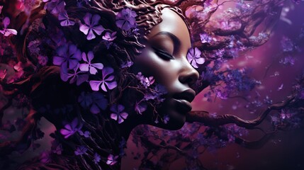 Beautiful woman with long brown hair. Her hair is blowing in the wind. Hair full of violet flowers. Concept: beauty, cosmetics, tenderness, growth, love. A black woman.