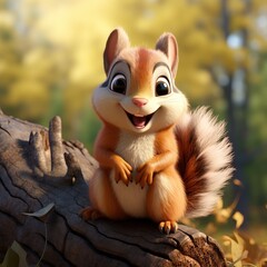 Illustration of the super cute smiling squirrel. Friendly squirrel on the autumn forest background.