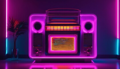 Neon vaporwave color mood in a chill living room featuring a retro vintage stereo jukebox - obrazy, fototapety, plakaty