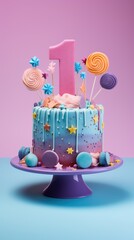 A beautiful cake with an interesting design for one-year birthdays, anniversaries. For children, companies, kids, adults. Big number 1, lots of colorful  decorations. Pink, blue, orange, purple color
