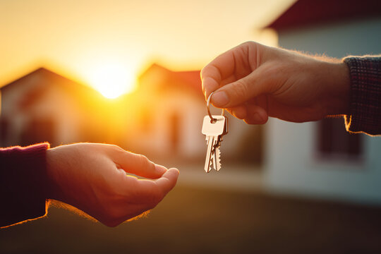 A person handing over the keys to a house to the new homeowner