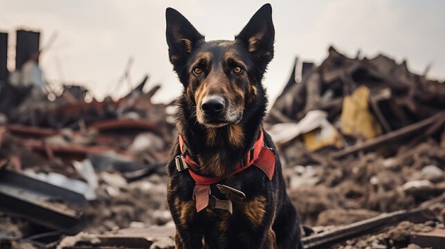 Rescue german shepherd dog sitting on the rubble